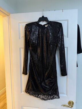 L'AGENCE Black Sequin Long-Sleeve Lace-Hem Mini Dress